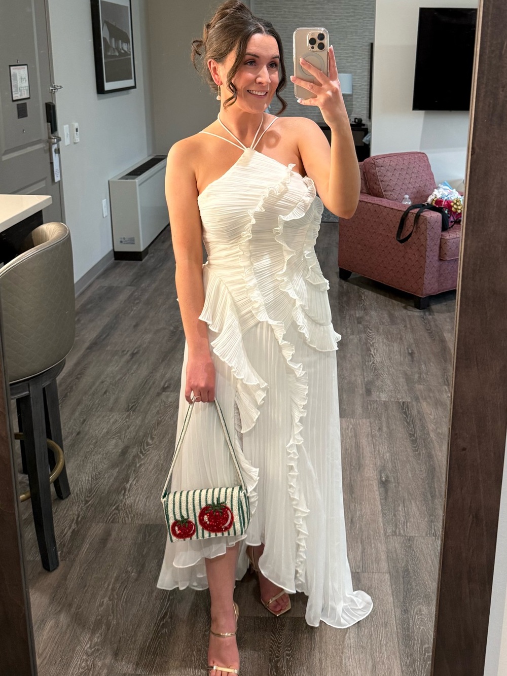 Azazie White Pleated Ruffle Dress
